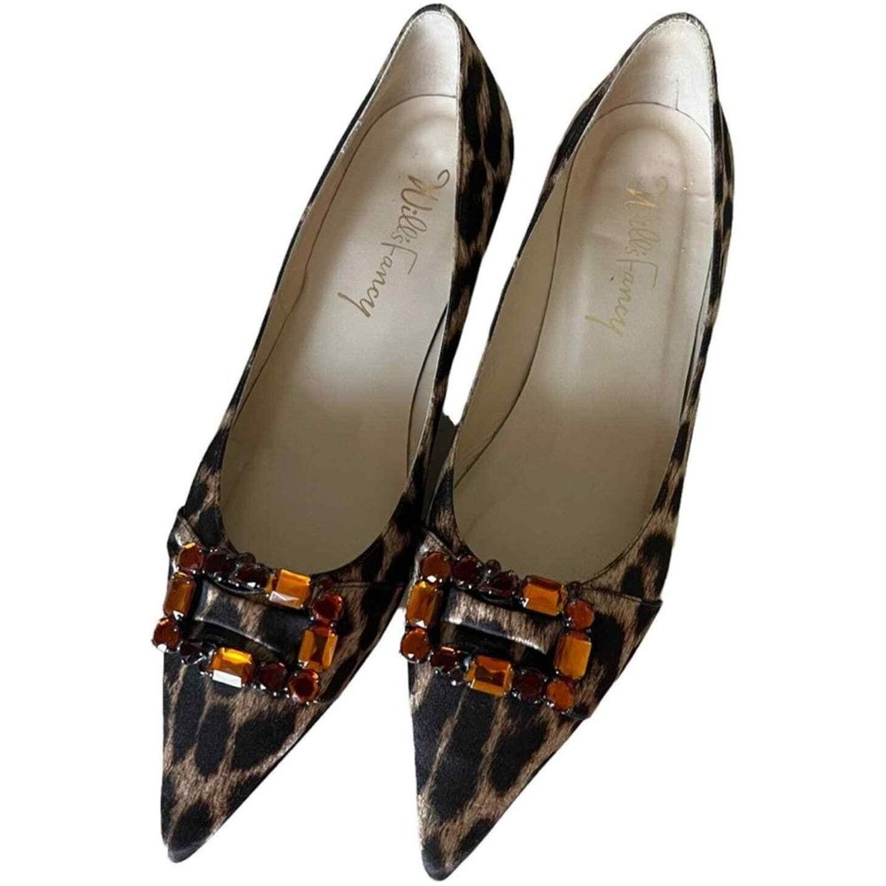 Will's Fancy Rhinestone Kitten Heel Leopard Print Silk Pump Size 9.5 M